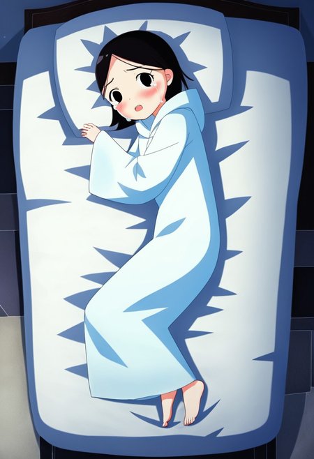 zPDXL3, source_cartoon, Perfect Hands, full body,
1girl, solo, aged down, bedroom, looking at viewer, saoirse, black hair, black eyes, blush, ghost, hood up, robe, barefoot, glowing, lying on bed, from above, lying on side, facing at viewer, feeling cold, eyes open, crying sadly, fear, open mouth, sleeve past wrist, slim body, long body, highlight cloth wrinkle, anime style,
<lora:Perfect Hands:1>  <lora:Saoirse_-_The_Song_of_the_Sea-000009:1>