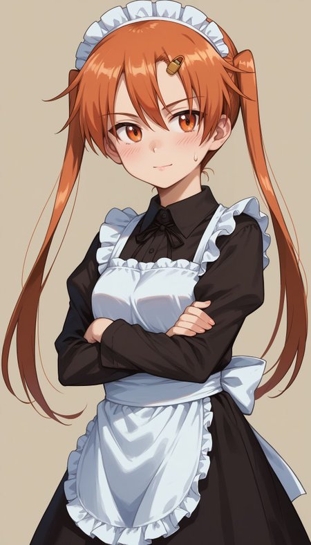 score_9, score_8_up, score_7_up, score_6_up, , solo, 20yo woman, (Beuty:1.1) , (cute:1.3), ,perfecteyes , seductive smile,perfect (photo realistic:1.2), (simple background:1.1),  
<lora:Emi_Nakasuga (Girls und panzer):1> Emi_Nakasuga (Girls und panzer), 1girl, maid headdress, blush, twintails, , orange hair, orange eyes, long hair, sweatdrop,  crossed arms, apron, pantyhose