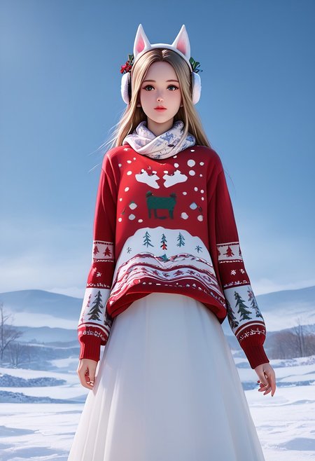 score_9, score_8_up, score_7_up, score_6_up, score_5_up, score_4_up, masterpiece, ultra-detailed, high resolution,
christmas_sweater,chuxue, Demon，
Masterpiece, Top Quality, High Resolution, Photorealistic, Extremely detailed CG unified 8k wallpaper)), 1 female, with bright blue eyes and chestnut long hair, wearing a red Christmas sweater with white snowflake patterns on it, a warm white scarf around her neck, white furry earmuffs (resembling animal ears in a cute way), a long white skirt, and a pair of knee-high white boots. She looks like a sweet yet elegant girl. Beside her is a big, fluffy white dog with a red ribbon around its neck, wearing a small piece of iron armor on its back, sitting obediently and looking at the viewer with its big, black eyes. They are standing in a snow-covered field in winter, with snowflakes gently falling from the sky, swirling in the wind. In the distance, there are some snow-capped trees, and the whole scene is like a beautiful winter fairy tale, full of warmth and tranquility.