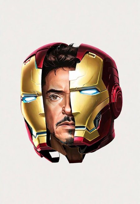 Split head, Tony Stark head inside Iron Man helmet,