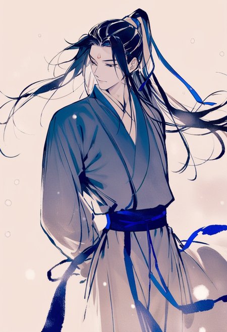 masterpiece, best quality,<lora:inkXL_ANI31_lokr_V43P1:0.95>monochrome,  1boy, male focus, solo, black hair, long hair, ribbon, blue ribbon, arms behind back, chinese clothes, hair ribbon, long sleeves, hanfu, closed mouth, white background, high ponytail, standing, ponytail, looking down, robe, snow, snowing, simple background, sash, facial mark, forehead mark, cowboy shot, floating hair