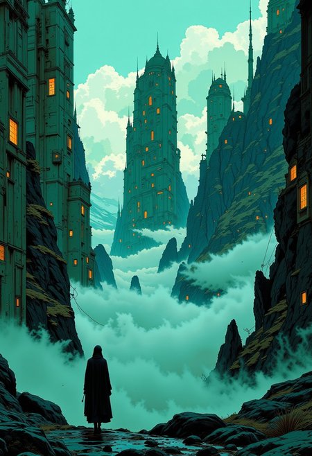 A zoomed out view of  futuristic city made of cubes and windows. A beautiful woman walks in the foreground, rich  blue and green palette and deep, rich textures. Clouds, dramatic scenery, ambient lighting.