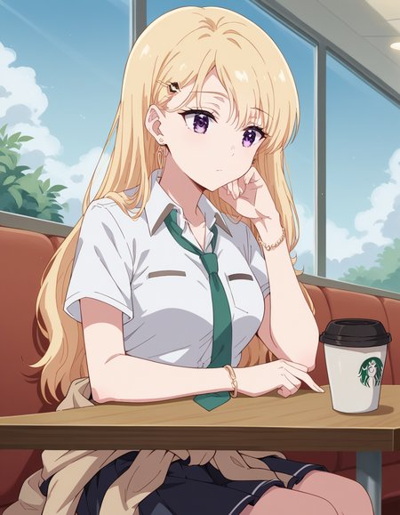 score_9, score_8_up, score_7_up, source_anime, <lora:saki-ayase-s1-ponyxl-lora-nochekaiser:1>, saki ayase, long hair, bangs, blonde hair, purple eyes, hairclip, medium breasts,, skirt, shirt, jewelry, school uniform, white shirt, short sleeves, pleated skirt, earrings, necktie, bracelet, clothes around waist, cafe, coffee cup, barista, sitting down, talking, relaxing, sunlight through window, , , sitting, elbow rest, table,, solo,, cowboy shot, dutch angle