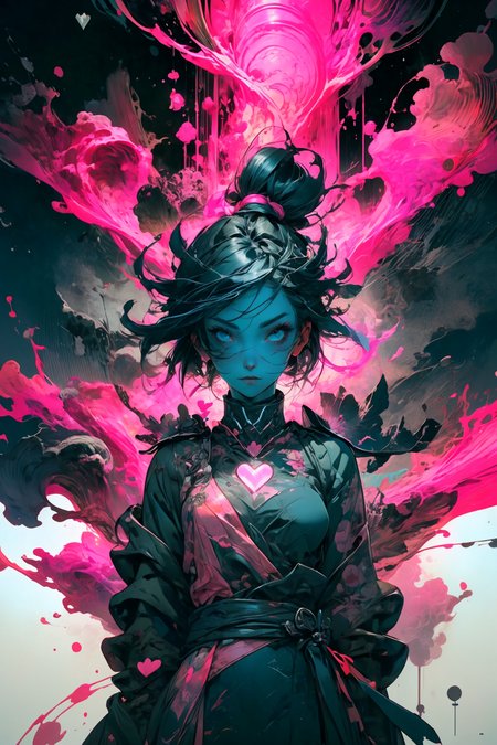 illustration, cartoon, soothing tones, calm colors, (solo:1.1), a digital arf of a undead girl, (pink, heart, love:1.1), wounds, (deathcore:1.2), mistery pink forest, extreme detail, paper texture, 2d, (pascal campion:0.38), vivid colors, (painting art:0.06), [eclectic:clear:0.8], slate atmosphere, cinematic,  muted colors, film grainy, lut
<lora:more_details:0.4>
 <lora:Cosmic anime-oil fusion v2:0.45> 
<lora:AnimeVibesV3:0.3> animevibes, 
<lora:3DMM_V11:0.5> 3DMM 
<lora:midjourney_20230624181825:0.7> midjourney ,
 <lora:LAS:0.5> cloud,colorful,
<lora:msw_locon-t2:0.6>
 <lora:wuxia2:0.6> gu,
 <lora:CyberpunkStyleV1:0.2> PunkAI ,
<lora:CatgirlMaidV1.0-000003:0.35> CatgirlMaid, shiny, shiny hair, shiny skin, shiny clothes