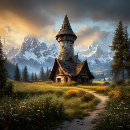 realistic analog photo, award winning photo, 
fantfa, background, mountain, trees, foreground, field, house, farm, farmland, witow, a wizard tower,
high-quality, crisp, sharp, professional-grade, high-resolution, fine detail, accurate colors, low noise, fast shutter speed, wide dynamic range, precise focus, RAW, highres, 8k, uhd, High Dynamic Range, tonemapping, crisp details,