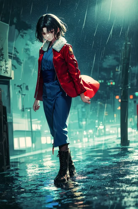 (masterpiece,best quality, detailed), 1girl, solo, outdoors, night, night sky, ryougi shiki, red jacket, obi, blue kimono, rain, full body, boots