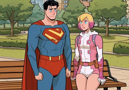 screencap, flat colors, official art, 1girl, female focus, Gwenpool, blue eyes, short hair, smirk, multicolored hair, shorty, blonde hair, looking at Superman, sitting on a bench,  outdoors, park, BREAK,
(1boy, male focus, Superman, concerned, costume, cape, looking at gwenpool, standing:1.5)