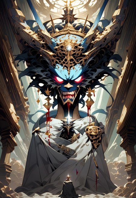 score_9, score_8_up, score_7_up, walking, easynegative, beast man, four horns, masterpiece, best quality, ultra sharp, 32k,  ((shiny body)),, demon beast, sharp teeth, detaled face, white hait hair, (long hair:1.3), (((red demon horns))), yakuza arm tattoos, tribal tattoos legs, tail, red lips, blood dripping from lips, blood on body, (glowing eyes:0.4), (ornate:1.5), gold, (smug:0.85), makeup, gold jewelry, gold earrings, braids ornament, open eyes,
BREAK
Inside an alchemist's dimly lit house, a porcelain demon lying elegantly on a luxurious velvet red bed. The scene is intimate and charged with tension, with the warm glow of candlelight reflecting off the rich fabrics and the glass. The atmosphere is darkly enchanting, blending a sense of forbidden allure with the arcane ambiance of the alchemist’s home.
BREAK 
interior alchemist's house, alchemist's background, cinematic light, vivid colors, best shadows, cinematic composition, vivid skin, best shadows, Royal Victorians alchemist's house,