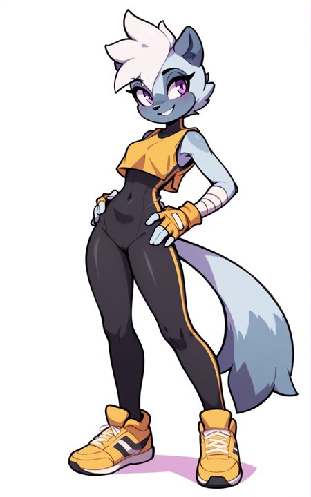 best quality, absurdres,full body, <lora:BolivanteStyleITS:0.8>,   <lora:TTLITS:0.8>, TTLITS,  furry female, furry, tail, animal ears, purple eyes, short hair, animal nose, white hair, blue fur, gloves, fingerless gloves, shoes, bodysuit, bandages, yellow footwear, skin tight, black bodysuit, sleeveless,yellow crop top, white background,slim,smile