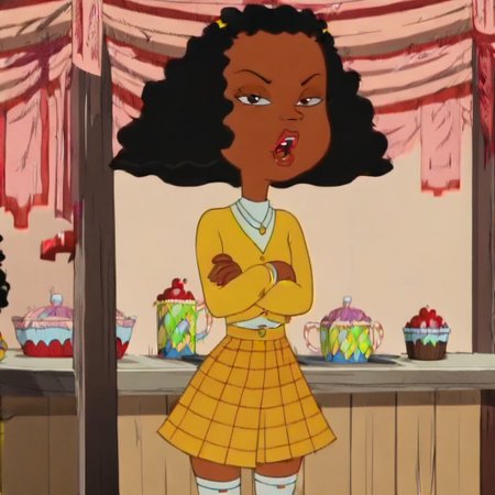 narrow waist, wide hips, flat chest, looking at viewer, crossed arms, half closed eyes, open mouth, teeth, high quality, highres, masterpiece,
cartoon, screencap, source_cartoon
Ashley Boulet, (1girl:1.6) dark-skinned female, black hair, afro, lips, yellow sweater, white shirt, necklace, yellow skirt, plaid skirt, white thighhighs, black shoes