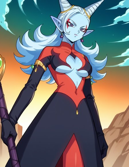 score_9, score_8_up, score_7_up, source_anime,
dragonballtowa, <lora:dragonball-towa-ponyxl-lora-nochekaiser:1>,
demon goddess towa,
outdoors, space,
looking at viewer, dutch angle, cowboy shot,