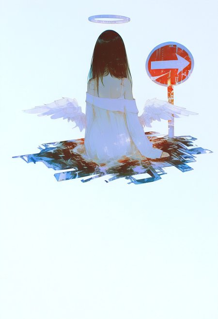 1girl, halo, solo, wings, sign, long hair, road sign, dress, white dress, from behind, angel, sitting, angel wings, black hair, simple background, feathered wings, bare shoulders, facing away, off shoulder, white wings <lora:748cmXL_NBVP1_lokr_V6311PZ:0.95>