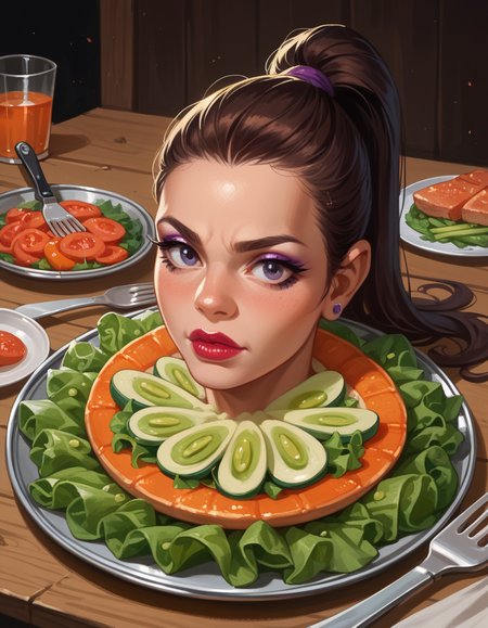 score_9, score_8_up, score_7_up, score_6_up, score_5_up, score_4_up, , solo, 1girl, High Ponytail, makeup, lipstick, hud_h3ad_platt3r, table, tray, severed head, <lora:headonaplatter:1>, knife, fork, spoon, salad, food