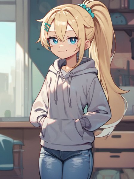 score_9, score_8_up, score_7_up, score_6_up,
mangamaster, 1girl, solo, long hair, looking at viewer, smile, hair ornament, long sleeves, closed mouth, blue eyes, standing, ponytail, hairclip, indoors, hood, blond hair, hoodie, hood down, smug, grey hoodie, jeans,
 <lora:Mangamaster_pony_v20:0.8>