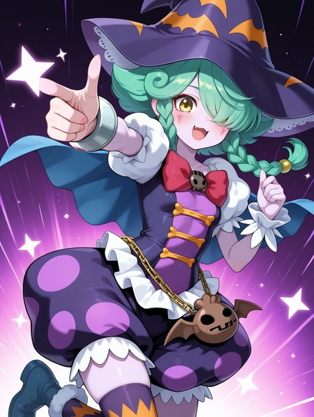 abyss actor - leading lady, 1girl, solo, hair over one eye, star \(symbol\), pointing, open mouth, smile, blush, looking at viewer, bat bag, purple skin, skull hair ornament, purple witch hat, red bow, purple dress, purple bloomers, single glove, single legwear, single wrist cuff, bat earrings, blue cape,
masterpiece,best quality,amazing quality,very aesthetic,absurdres,newest,<lora:Abyss Actor - Leading Lady illusXL v1.2:0.72>,