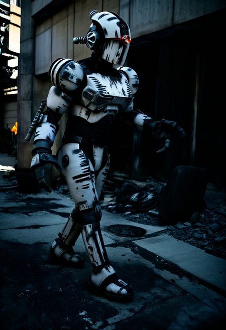 easynegative, extremely detailed, dark, chiaroscuro, low-key, AssaultronCosplay, zavy-strps, a light gray assaultron robot, ((the assaultron has black stripes painted on its armor)), ((tiger stripe pattern)), in a burned out post-apocalyptic city, falloutlandsdxl