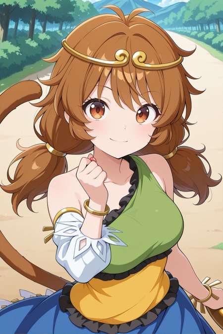 absurdres, highres, masterpiece, best quality, amazing quality, official anime artwork, screencap, anime screencap, outdoors, looking at viewer, light smile, dynamic pose, standing,
 <lora:Son-Biten_Illustrious:1> son biten, 1girl, solo, brown eyes, brown hair, long hair, low twintails, antenna, monkey tail, gold circlet, jewelry, green dress, sleeveless dress, single-shoulder dress, single detached sleeve, bracelet, yellow dress, blue skirt, holding rode,