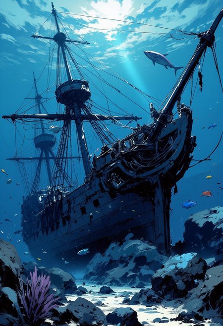 in the style of cksc, Mh1$AgThS2, intricate linework with expressive contrasts, soft lighting with dynamic highlights, a sunken galleon shipwrecked on the ocean floor, with large reef fish swimming around it- tuna, barracuda