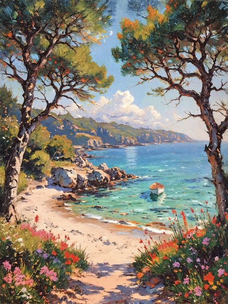 masterful impressionism oil painting, dappled lighting, chiaroscuro, dark corners, a picturesque view of plage de saleccia on corsica, framed by tall, graceful pine trees on either side of the composition, their trunks reaching upward, their vibrant green treetops arching over the top of the painting to create a natural canopy, in the middle of the image, the pristine sandy beach curves gently toward the crystal-clear turquoise waters of the mediterranean, the soft white sand glows under the afternoon sunlight, with patches of shadow cast by the pine trees. the beach and sky are nestled within the frame of the trees, drawing the viewerâs eye toward the central scene, above the beach, the sky features soft, billowing clouds illuminated by the golden afternoon light, their edges glowing with warm highlights, contrasting with the deep blue expanse of the sky. the interplay of light and shadow is vivid and dynamic, the sunlight filters through the pine canopy, creating dappled light patterns on the sand, the tranquil waters of the mediterranean shimmer with subtle gradients of blue and green, reflecting the vibrant sky and clouds above. in the foreground, the pine trunks and their textured bark add an earthy, tactile element, while the treetops provide a lush, natural frame, in the distance, rugged, sunlit hills rise behind the beach, adding depth and context to the scene, the gentle waves lap against the shore, leaving intricate patterns in the wet sand, a small boat drifts near the shore, adding a sense of serenity. the scene evokes a tranquil summer afternoon, with the framing pines creating an intimate yet expansive perspective, their lush foliage blending harmoniously with the vibrant beach and sky, the golden-hour lighting enhances the warmth and charm of the composition. oil on canvas, classic impressionist style, warm and cool tones expertly balanced to emphasize light, texture, and atmosphere, the fluid, expressive brushstrokes capture the natural elements, the composition places the viewer beneath the canopy of the trees, looking outward at the idyllic beach and sea, the interplay of sunlit patches and cool shadows enhances the serene, idyllic mood, picturesque wildflowers on either side add some color to the foreground, impressioniststrokes, 
<lora:style-impressionist_strokes-flux-by_daalis:1.0> 
<lora:image_upgrade-flux-by_zeronwo7829:1.0>