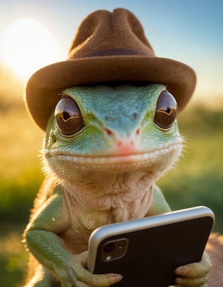 by Franz Lanting, hdr photo, portrait, photorealistic, at dawn, sun rise, cute mini (fiction creature like lizard) in amazon forest is (looking at the viewer) looking at his iphone, lizard has iphone, (smiley face:0.5), wearing miniature mexican hat, brown soft fur, so cute, eyes are moist and bright, 800mm lens, macro photo, deep focus, ultra highly detailed, taken with hasselblad x2d, nature photo, professional photography, award winning, national geographic documentary, (vivid colors):1.25, cold weather, rare moment