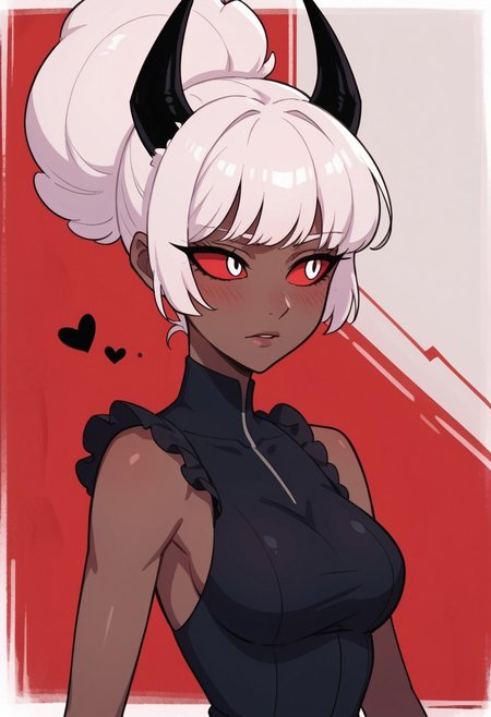 score_9, score_8_up, score_7_up,
masterpiece, best quality, detailed, amazing quality,
detailed background,
detailed eyes, clean eyes, 
dynamic pose,
solo, 1woman, woman,
easynegative,
c4rl4_c4rm1n3, white hair, dark skin, red white eyes, black horns,
black bow, blushing, looking away, frilly dress
