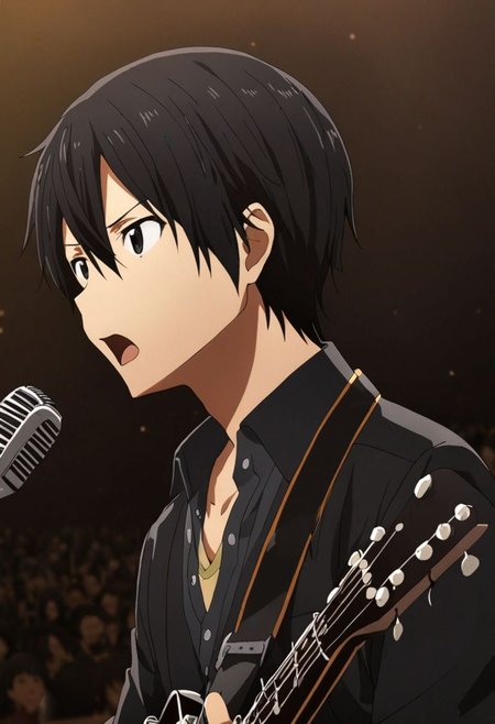 high resolution, solo, best quality, 1Boy, Kazuto Kirigaya, Black Hair, Black Eyes, singing, portrait, dept of field, virtual concert, playing musical instrument, OverallDetail