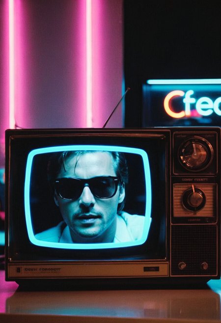 ((Sonny Crockett, shades)) closeup in vintage television screen on office desk, neon lights, indoors, highly detailed, 4K, (MiamiVice, stylish grainy 35mm photo, vibrant colors)