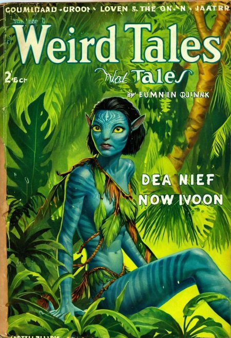 Weird Tales pulp magazine cover of a  Avatar navi alien with blue skin, wearing leaf tunic, futuristic neon bioluminescent jungle in the background
