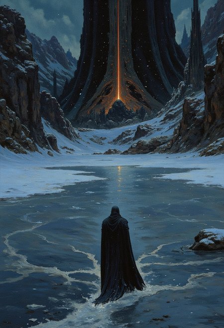The haunting image of a frozen lake in the stark, bleak midwinter of Mid-World, with the reflection of the Dark Tower piercing the icy surface like a needle. Snowflakes gently fall, each one whispering secrets of the Tower as they melt upon touching the frozen expanse.