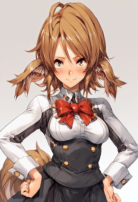 score_9, score_8_up, score_7_up, score_6_up, score_5_up, score_4_up, BREAK,  <lora:cmarket0826-sdxl-000028:1>, noa riads, 1girl, solo, breasts, blush, smile, short hair, simple background, brown hair, long sleeves, fluffy tail, ahoge, animal ears, dog ears, medium breasts,  swept bangs
shiny skin, school uniform, red bowtie, white shirt, black skirt, hands on hips, frown, blush, looking at viewer,
upper body, Eye focus
Artist Style: Urushihara Satoshi
headpat, pov hands