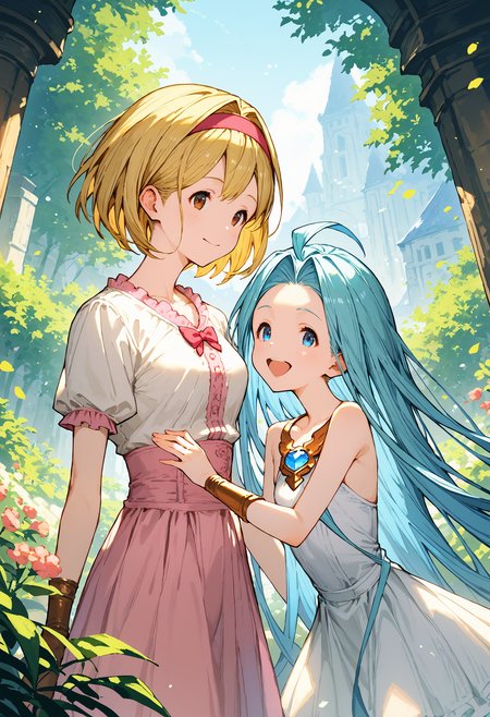 score_9, score_8_up, score_7_up, masterpiece, best quality, very aesthetic, absurdres,
2girls, happy, clear eyes,
lyria \(granblue fantasy\), very long hair, blue hair, medium breasts, skinny, body_slim, small breasts, white cami-dress, bare shoulders, strapless, 
djeeta \(granblue fantasy\), short hair, blonde hair, pink blouse, hairband, short sleeves, 
 <lora:JitaRuri-PonyV6:1> jitaruri,