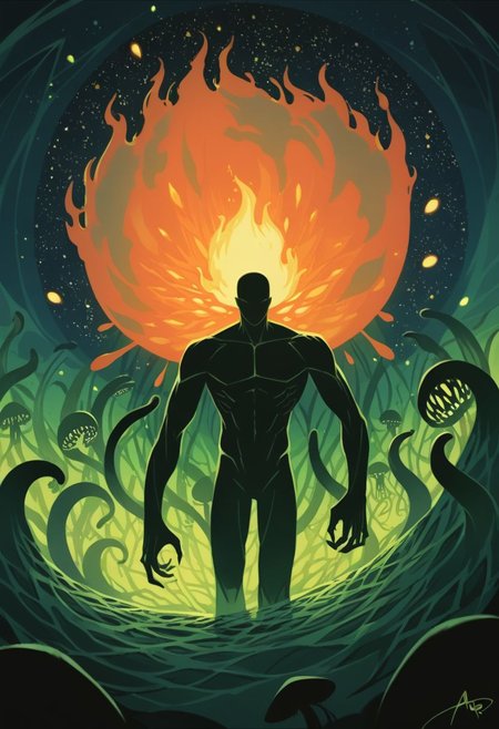 score_9, score_8_up, score_7_up, masterpiece, high quality, abstract, Cthulhu, centered, black silhouette of Cthulhu, long flowy tentacles, green swamp background, ((dynamic pose)), mushrooms, glowing fireflies, night time, dark theme, starry sky, moon, glowing, cinematic, vivid colors, neon colors, perfect hands, anzhcdreamwave, aesthetic