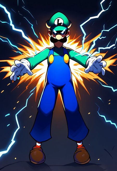 score_9, score_8_up, score_7_up 
   , masterpiece, beautiful,,electric powers, electricity bend, dynamic pose, dramatic lighting, itluigi, angry, bend knees,cartoon-style, green hat, green long-sleeved shirt, blue overalls, moustache, round nose, brown shoes, white gloves, yellow buttons, brown hair, slim, striped socks, red and white socks, l emblem on hat, looking at viewer, blue eyes,  twinkling particles, stardust, eye_trail, glowing eyes,lightning thunder trails, lthndrtrl, lot of lightning coursing along body, electric yellow glow, large sparks of electricity, masterpiece, best quality, very aesthetic, made of golden and blue and red and yellow and purple lightning thunder trails , lthndrtrl, high score, great score, absurdres, shaded face,shaded face, (black face:1.2)glowing eyes