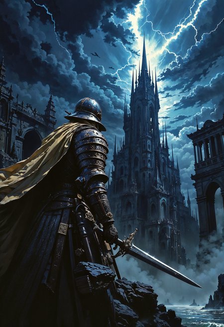 (in Otomo Katsuhiro style:1.4), high-quality, masterpiece, Photo of an ancient knight in battle-worn armor, standing before a crumbling castle, his sword raised to the sky as storm clouds gather above, lightning strikes in the background, Style is Dark medieval with dramatic tension, Lighting is High contrast with sharp highlights, Dramatic sky, stormy atmosphere, low-angle shot, intense focus, (elaborately detailed attire with extraordinary elements:1.1), (hyperdetailed:1.1), (intricate details:1.0), (Refined details:1.1), (best quality:1.1), (high resolution:1.2)