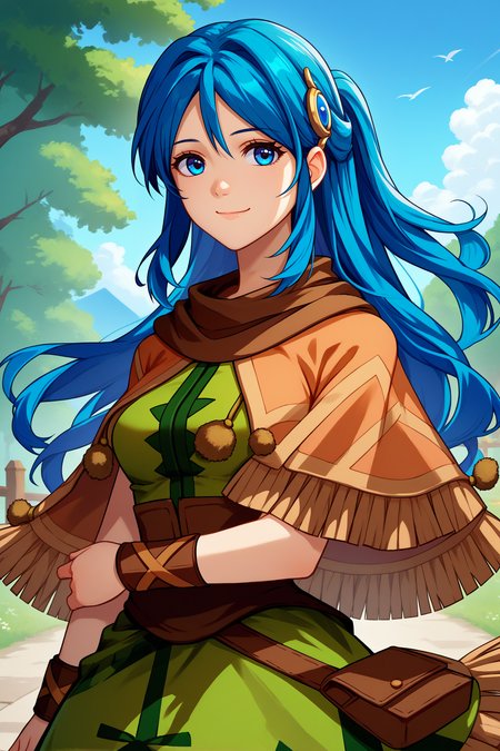 score_9, score_8_up, score_7_up, score_6_up, source_anime, 1girl, solo,  <lora:ystia-pdxl-nvwls-v1-000005:1> ystia, blue hair, long hair, ponytail, blue eyes, hair ornament, brown capelet, brown scarf, green and brown dress, bracelet, breasts, looking at you, happy, closed mouth, smile, upper body, forest, village, blue sky, clouds