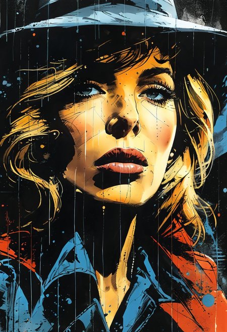 Monica Vitti portrait.  Comic book print. Expressive, intense, mysterious, moody, artful, inspired, dramatic.  Detailed Face. Diverse and balanced palette. 
style of Frank Miller