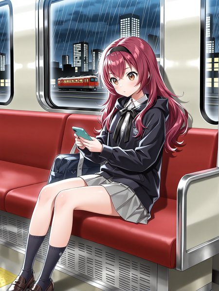 masterpiece,best quality,newest,
1girl,solo,
<lora:koishikawa_ema_ilxl_v1.0:0.8>,k_ema,hairband,long hair,red hair,brown eyes,
jacket with black hood,black tie,gray pleated skirt,black socks,loafers,<lora:Fixhands_anime_bdsqlsz_V1:1>,voyeur,cityscape,train,looking_at_screen,crowd,night,staring,rainy window,sitting_on_chair,inside the train,holding Smartphones,