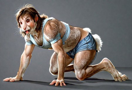 .1man,25 years old,(brown hair,long hair,wavy hair,layered hair),handsome,(transformation,species transformation:0.8) into (rabbit),feral transformation,confused,realistic,full body shot,body horror,((paws)),looking down at hands,buck teeth, rabbit teeth,((rabbit ears)),furry ears,long rabbit ears,man morphing into rabbit, embarrassed,(realistic fur, rabbit fur, fluffy fur,brown fur,detailed fur texture,fur covering body),rabbit pupils,(rabbit legs),(digitigrade),(on all fours),rabbit muzzle,animalistic proportions,((rabbit body)),human head,