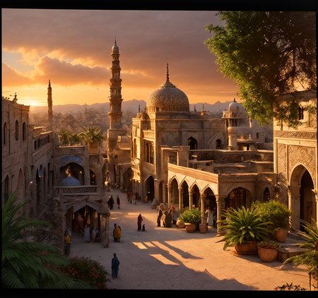 RAW photo, (masterpiece:1.3), subsurface scattering, heavy shadow, (high quality:1.4), (intricate, high detail:1.2), professional photography, HDR, High Dynamic Range, realistic, ultra realistic, photorealistic, high resolution, film photography, ambient lighting, atmospheric effects, <lora:detail_slider_v4:2>, OverallDetail,   <lora:Arabian_Town:1>, artow,6+boys, architecture, artow, building, castle, city, cloud, day, no humans, outdoors, palm tree, plant, potted plant, scenery, sky, sunset, traditional media, tree, epiCPhoto