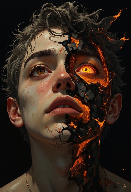 A surreal close-up of a human face where the skin appears to crack open like ceramic, revealing molten lava underneath. The cracks are glowing bright orange, and the person's eyes have an intense, fiery glow. The hair is a smoky gray, with embers flickering at the tips. The lighting is dramatic, casting harsh shadows that enhance the molten effect. The atmosphere is otherworldly and intense, with a burning, apocalyptic feel.    <lora:FLUX-daubrez-DB4RZ:0.83> DB4RZ, DB4RZ style painting, <lora:ILLUSTRATION_2_FLUX v2:0.53> <lora:Fantastic Realism - s0_8 g4:0.43> f4nt4st1c,