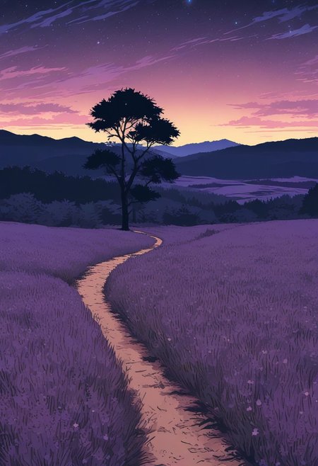 scenery, ((night, starry)), (Japanese anime style), wilderness, distant landscape,dirt road, purple lavender field, distant tree silhouette, sunset, fantasy, atmosphere of sadness, cool tone, minimum lighting, masterpiece, best quality, ultra-detailed