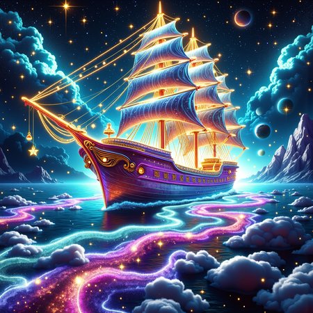 A Chr457m45m3rg3D0nMN3M1C   The sentient ship is a majestic, glowing vessel with iridescent hull plates that shift between hues of blue and purple, evoking the shifting colors of a nebula's edge. Its delicate, crystalline structure appears almost organic, as if grown from the very fabric of the cosmos. The ship's form blurs and shifts as it moves, leaving behind trails of glittering stardust in its wake. As it sails across the ocean of dreams, tendrils of light extend from its hull, weaving together to form a network of ethereal pathways that crisscross the surrounding waters. The river of stars flowing from the bursting nebula cascades down towards the ship, forming a shimmering veil of blue and gold that seems to pulse with an inner light. Stars and planets cling to the ship's hull like jewels, while the vessel's sails unfurl to reveal intricate patterns etched into their surface, glowing softly in harmony with the surrounding celestial landscape.
<lora:Chr457m45m3rg3D0nMN3M1CFlux:0.9>