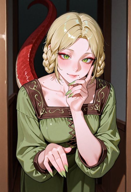 depth of field, ambient occlusion, ccrs, 1girl, solo, pillarboxed, traditional media, reptile girl, blonde hair, short hair, braided hair rings, parted bangs, green eyes, slit pupils, mole under mouth, green nails, sharp fingernails, lizard tail, long tail, red tail,