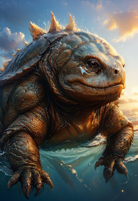 <lora:Mythical_Beasts:0.8> fmb Turtle,  <lora:add-detail-xl:0.8>, Sunrays shine upon it, <lora:Rainbow_Style:0.6> <lora:The_Classic:0.8>