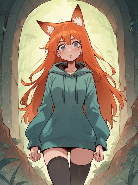 source_anime, score_9, score_8_up, score_7_up, score_6_up, score_5_up, thighhighs,  long hoodie, <lora:D4lm4uXLP:1> d4lm4u, 1girl, curvy, ginger hair, long hair, grey eyes, fox ears
