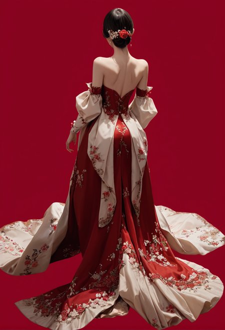 1girl,red background,,ruanyi1007,bare shoulders,detached sleeves,red dress,floral print,strapless dress,
full body,from behind,<lora:1007 Chinese wedding dress_v1_pony:1>, score_9, score_8_up, score_7_up, score_6_up, score_9, score_8_up, score_7_up, score_6_up source_anime, blush, 1girl, seduce smile, perfect body , natural huge breasts