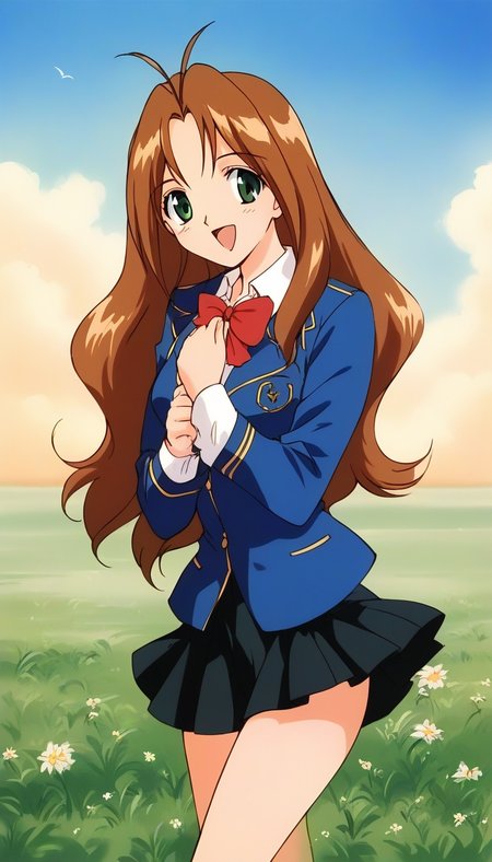 score_9, score_8_up, score_7_up, source_anime, rating_explicit, BREAK <lora:Tanima_Yuri_XL:1>Tanima_Yuri, 1girl, solo, long hair, brown hair, green eyes, antenna hair, breasts, 1990s (style), smile,
smile,looking at viewer, cowboy_Shot,
skirt, mary janes, long sleeves, open mouth, 
standing, pleated skirt, looking at viewer, black skirt, smile, 
miniskirt, school uniform, bow, blue jacket,  bowtie,
grass, sky, day,