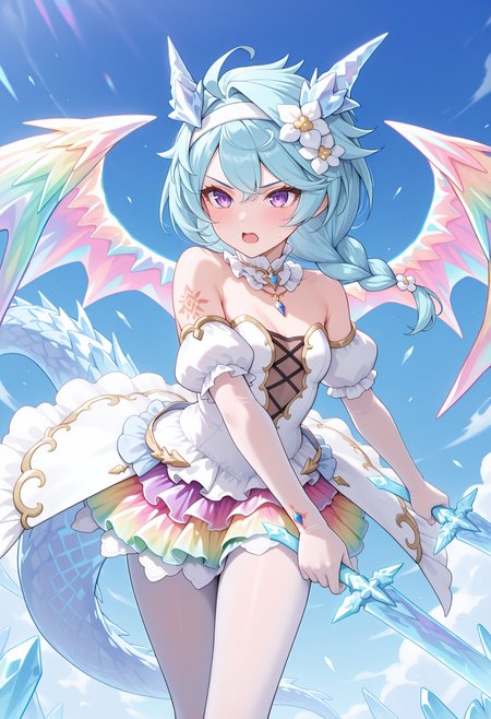 pcrsheffy, blue hair, long hair, braid, purple eyes, dragon tail, dragon horns, dragon wings, ahoge, arm tattoo, purple eyes, sffypform, white dress, hair flower, multicolored wings, rainbow wings, white hairband, cross-laced dress, detached collar, jewelry, bare shoulders, puffy sleeves, strapless, detached sleeves, elbow gloves, gold trim, overskirt, multicolored skirt, rainbow skirt, frills, white pantyhose, blue sky, serious, open mouth, holding sword, ice sword, blush, dynamic pose,<lora:_sheffy_pcr-elesico-ilxl-v11A-15:1> highres, best quality, masterpiece, see-through cutout, dual wielding,
1girl, solo,