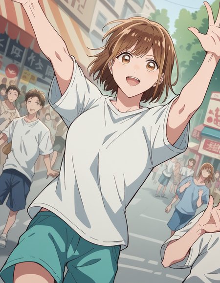 score_9, score_8_up, score_7_up, source_anime, <lora:chinatsu-kano-alpha-ponyxl-lora-nochekaiser:1>, chinatsu kano, short hair, brown hair, brown eyes, medium breasts,, shirt, white shirt, short sleeves, shorts,, street market, vendor, street food, bustling crowd, local flavor, vibrant, , , on back, arm support, arms up, incoming hug, pov, reaching, reaching towards viewer,, solo,, cowboy shot, dutch angle,
