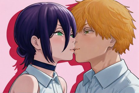 reze \(chainsaw man\),shirt,white shirt,sleeveless,collared shirt,sleeveless shirt,bare shoulders,lips,green eyes,purple hair,choker,hair between eyes,shadow,parted bangs,bare arms BREAK
(denji \(chainsaw man\):1.1),yellow hair,kiss,duo,from side,1girl and 1 boy,duo,
CSMcover-style,<lora:CSMcover-style_noob11_v3:0.9>,masterpiece,best quality,amazing quality,very aesthetic,absurdres,